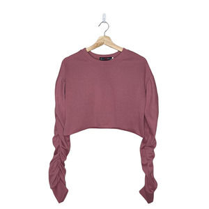 ROMA Concepts Top Pink Cropped Sweatshirt Ruched Sleeve Barbie Core‎ Dramtaic